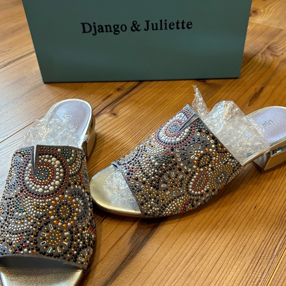 Denim Genuine Suede and leather slip on heeled sandal